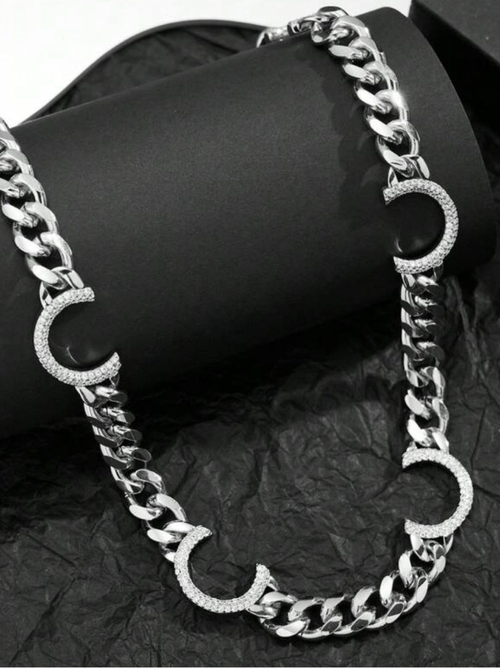 Silver Tone C Chain Necklace with Pave Crescent Rhinestone Accents